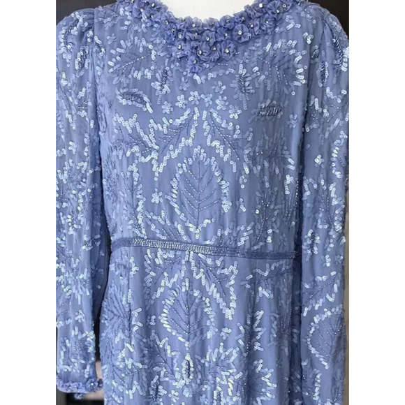 NWT Mac Duggal Fitted Dress Embellished High Neck Puff Sleeve Periwinkle Size 14 - Picture 3 of 7